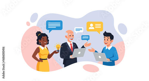 Diverse business team collaborates, sharing ideas and communicating during a productive meeting. Ideal for teamwork, innovation, and discussion concepts.