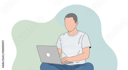 Modern illustration of a person focused on a laptop, embodying remote work, digital productivity, and flexible lifestyle.