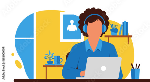 A person in headphones works remotely on a laptop, embodying virtual communication and work-from-home productivity. Ideal for business, technology, and lifestyle themes.