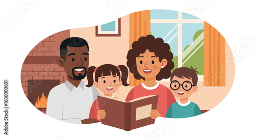 Happy multi-ethnic family reads a book together by the fireplace at home, promoting learning, bonding, and quality time. Ideal for educational or lifestyle content.