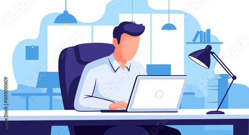 Professional man diligently working on a laptop in a modern, organized office environment. Ideal for themes of productivity, remote work, and digital business solutions.