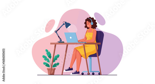 Smiling woman working remotely on her laptop with headphones at a home office desk, symbolizing productivity, online learning, and modern flexible work.