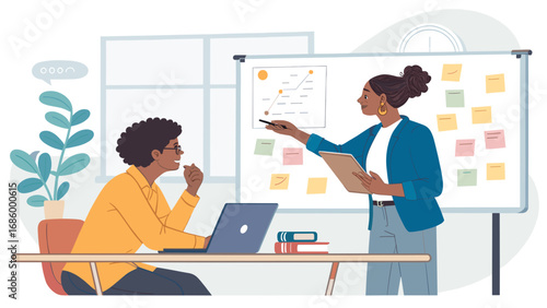 Two professional Black women collaborate in a modern office, one presenting a graph on a whiteboard while the other attentively listens. Ideal for business, teamwork, and education.