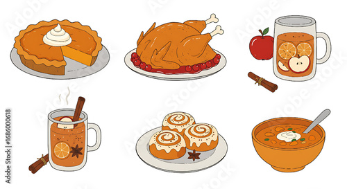 Thanksgiving Feast Illustration: Pumpkin Pie, Turkey, Apple Cider, Cinnamon Rolls, Soup