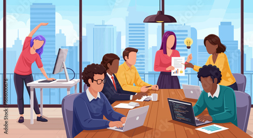 A diverse team of professionals collaborates effectively in a vibrant modern office environment, fostering innovation and productivity with technology and teamwork.