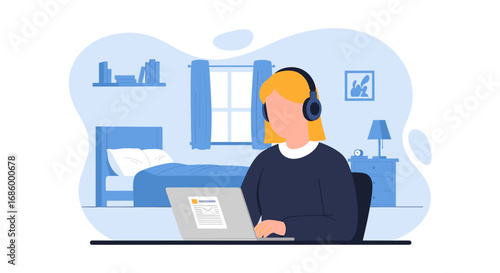 Woman wearing headphones, focused on her laptop in a bedroom setting. Ideal for remote work, online learning, or digital lifestyle concepts.