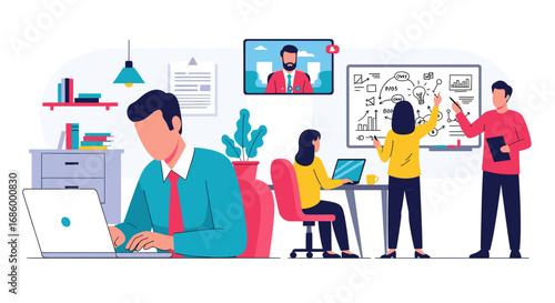Diverse team collaborating in a modern office, utilizing laptops, whiteboards, and video calls for brainstorming, project management, and remote work strategy.