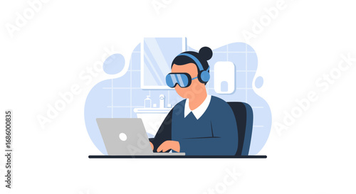 Person in VR goggles and headphones intently working on a laptop, symbolizing remote productivity, immersive technology, and the future of work.