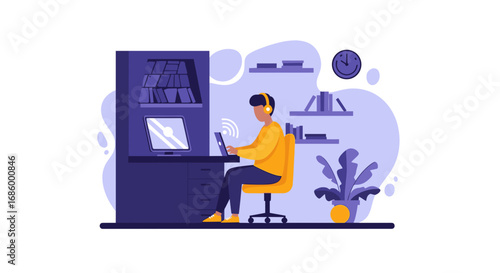 Focused person working remotely on a laptop in a modern home office with headphones, ideal for concepts of productivity, online education, or flexible lifestyle.