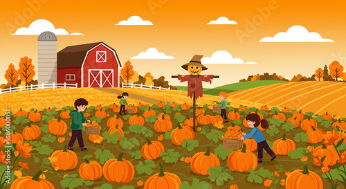 Autumn Pumpkin Patch Scene with Children, Scarecrow, and Barn in the Fall Season