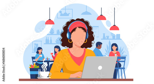 Focused woman in headphones working on laptop in a vibrant cafe. Represents remote work, productivity, digital nomad lifestyle, and online learning.