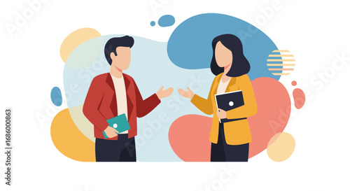 Two business professionals engaged in a clear discussion, collaborating on ideas. Ideal for showcasing communication, teamwork, and partnership in a modern business context.