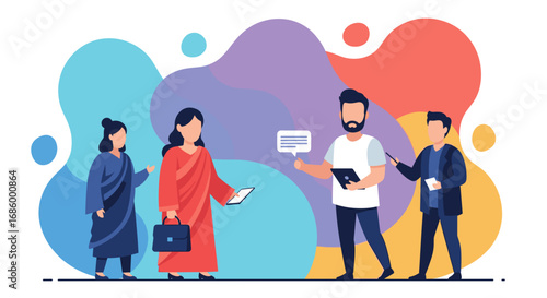 Diverse business team collaborating, discussing ideas, and utilizing digital tools. Perfect for modern communication concepts.