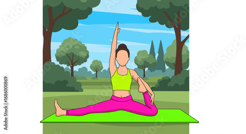 Cartoon woman practicing yoga outdoors in a serene park, illustrating fitness, health, and a balanced, active lifestyle.