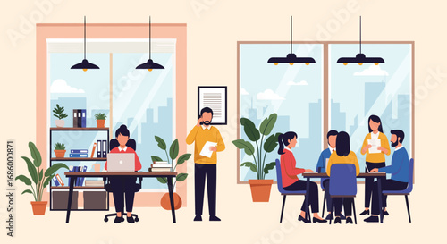 Busy modern office with diverse professionals engaged in teamwork, meetings, and individual tasks, highlighting productivity and corporate collaboration.
