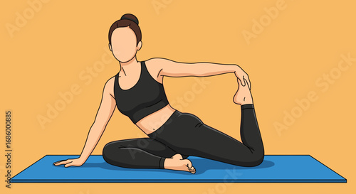Woman in athletic wear practicing a challenging yoga pose on a mat, emphasizing flexibility and mindful fitness. Ideal for wellness and health content.