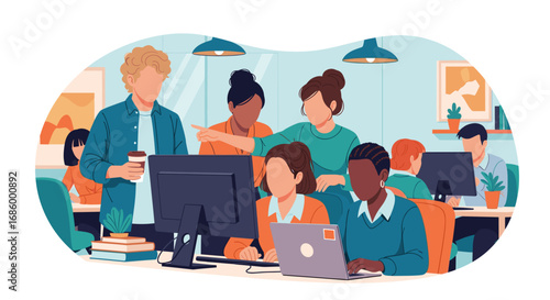 Diverse business team actively collaborating in a modern office setting, fostering communication and productivity. Represents teamwork, innovation, and professional growth.