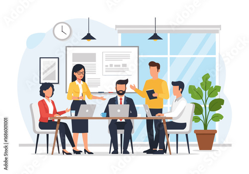 Diverse business professionals engage in a productive meeting, collaborating on strategic initiatives within a modern, bright office setting, fostering teamwork and innovation.