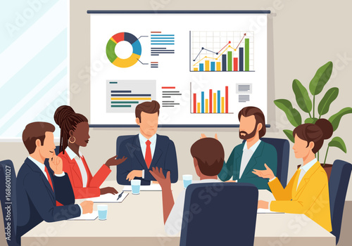 Diverse business professionals collaborate in a modern office boardroom, analyzing financial data and strategic reports projected on a large screen.
