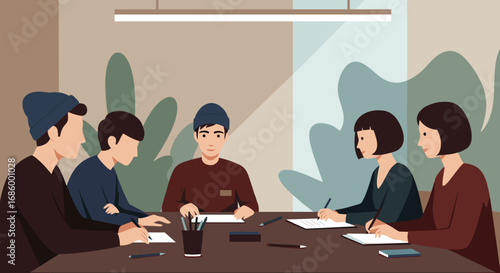 A diverse group of young professionals collaborates on an important project, actively engaging in a productive meeting within a modern, stylish office environment.
