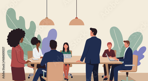 A diverse team of professionals collaborates effectively during a productive business meeting in a modern, inclusive office environment.