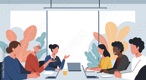 A diverse group of professionals from various backgrounds collaborates efficiently in a modern office meeting, fostering teamwork and innovative ideas.