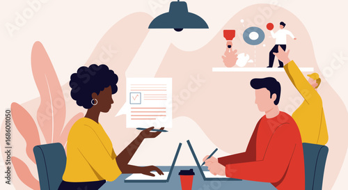 Diverse professionals collaborate in a vibrant modern office environment, fostering teamwork, career growth, and successful business outcomes with innovative strategies.