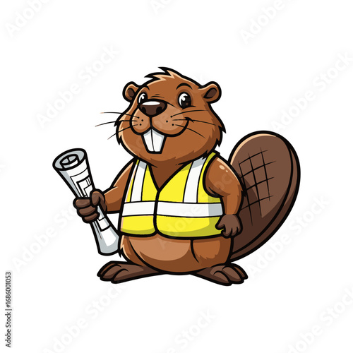 Cute Cartoon Beaver Character Dressed as a Construction Worker with Blueprints, a Hard-Working Mascot for Building and Labor Designs