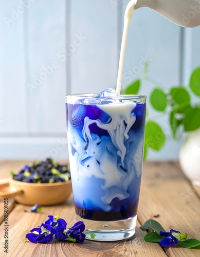 Blue iced beverage being poured