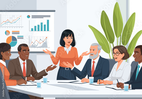 A diverse group of professionals actively engages in a productive boardroom meeting, discussing strategies and analyzing financial data presented on a whiteboard.