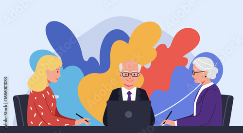 A diverse team of three business professionals, including an experienced older man, actively participates in a productive corporate meeting, fostering collaboration.