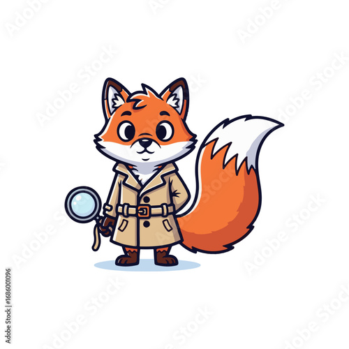 Cute Cartoon Fox Detective Character with a Magnifying Glass and Trench Coat, a Charming Mascot for Mystery and Investigation Designs