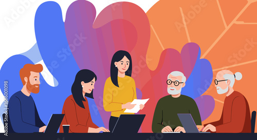 A diverse multi-generational team of professionals actively collaborates in a productive business meeting, sharing insights and utilizing digital tools for strategic work.