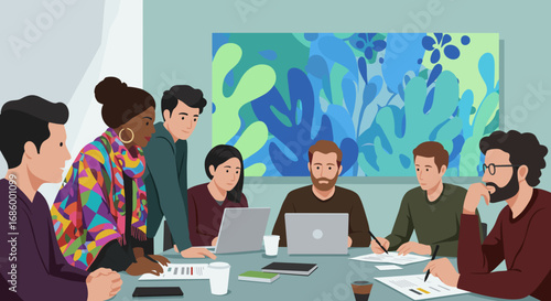 A diverse team of creative professionals collaboratively engages in a productive meeting, exchanging innovative ideas and fostering teamwork in a modern office setting.