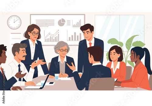 A diverse group of professional colleagues collaborates effectively during a productive business meeting in a modern office boardroom setting.