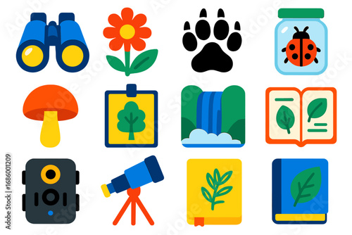 Nature Observation Icons. Flat vector icons of nature observation while hiking: birdwatching binoculars, wildflower, animal track,
