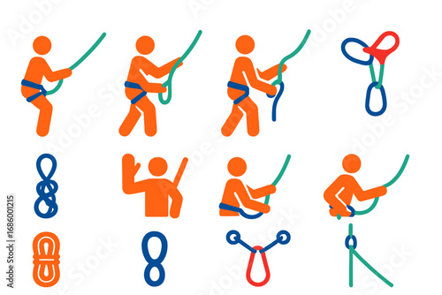 Belaying Icons Collection. Flat vector icons of belaying actions: belayer stance, rope feed, rope brake position, belay device