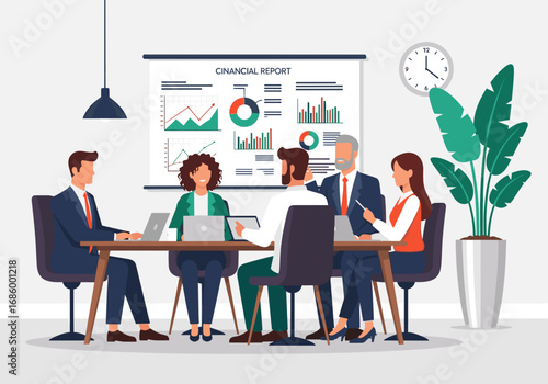 Diverse business professionals collaborate in a modern office boardroom, analyzing financial reports and strategizing for company growth.