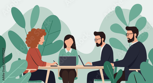 Diverse business professionals collaborate effectively in a modern, biophilic office setting, fostering innovation and sustainable work practices within a green environment.