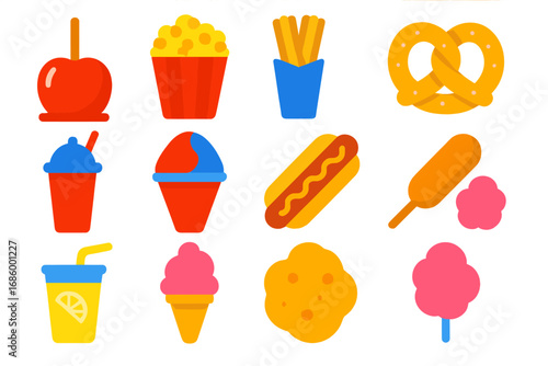 Carnival Snack Icons. Flat vector icons of carnival snacks: candy apple, caramel corn, churros, pretzel, slushie cup, snow cone,