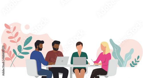 Diverse professionals collaborate on laptops at a modern table, surrounded by abstract organic shapes, symbolizing teamwork and innovation in a contemporary workspace.