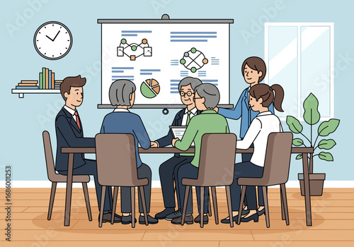 A group of business professionals collaborates in an office meeting, analyzing data and discussing strategic plans projected on a screen, showcasing teamwork.