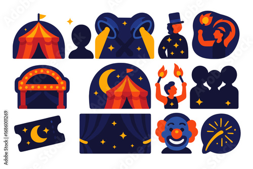 Night Circus Icons. Flat vector icons of nighttime circus: glowing tent, night show lights, dark costume sparkles, fire spinner,
