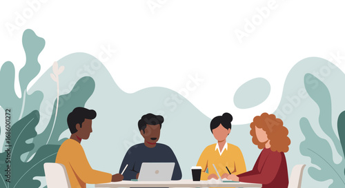 A diverse group of four young professionals collaborates around a table in a modern, calm office setting, engaged in a productive team meeting.