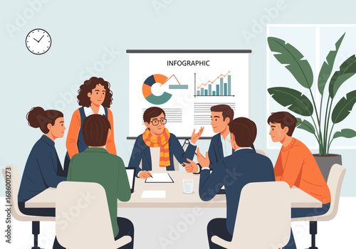 A diverse team of business professionals actively collaborates during a productive meeting, discussing an infographic presentation in a modern office setting.
