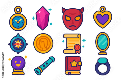 Enchanted Artifacts Icons. Flat vector icons of enchanted artifacts: time amulet, soul crystal, cursed mask, memory locket,