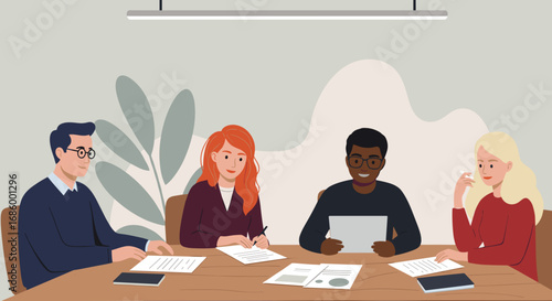 A diverse team of professionals engages in a productive business meeting, collaborating on important projects in a modern office environment.