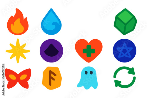 Magic Schools Icons. Flat vector icons of magic schools: school of fire, school of water, school of air, school of earth, school