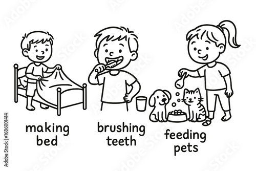 Kids' Morning Chores. Morning chores for kids doodle set: hand drawn icons for making bed, brushing teeth, and feeding pets,