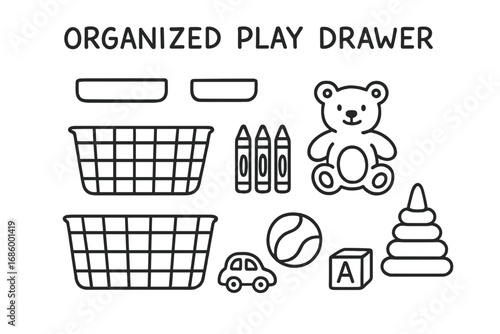 Organized Play Drawer. Organized play drawer doodle set: hand drawn icons for dividers, baskets, crayons, and toys, isolated
